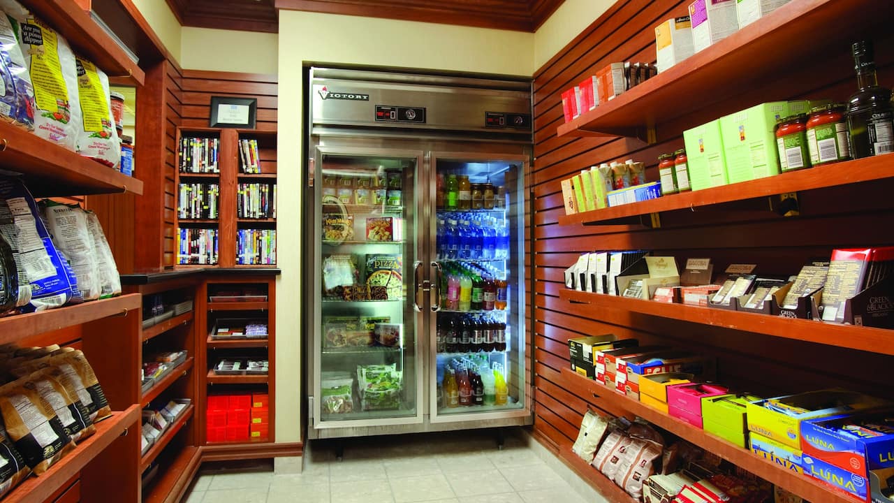 On site market pantry with cold drinks and food options at Hyatt House Boston / Burlington