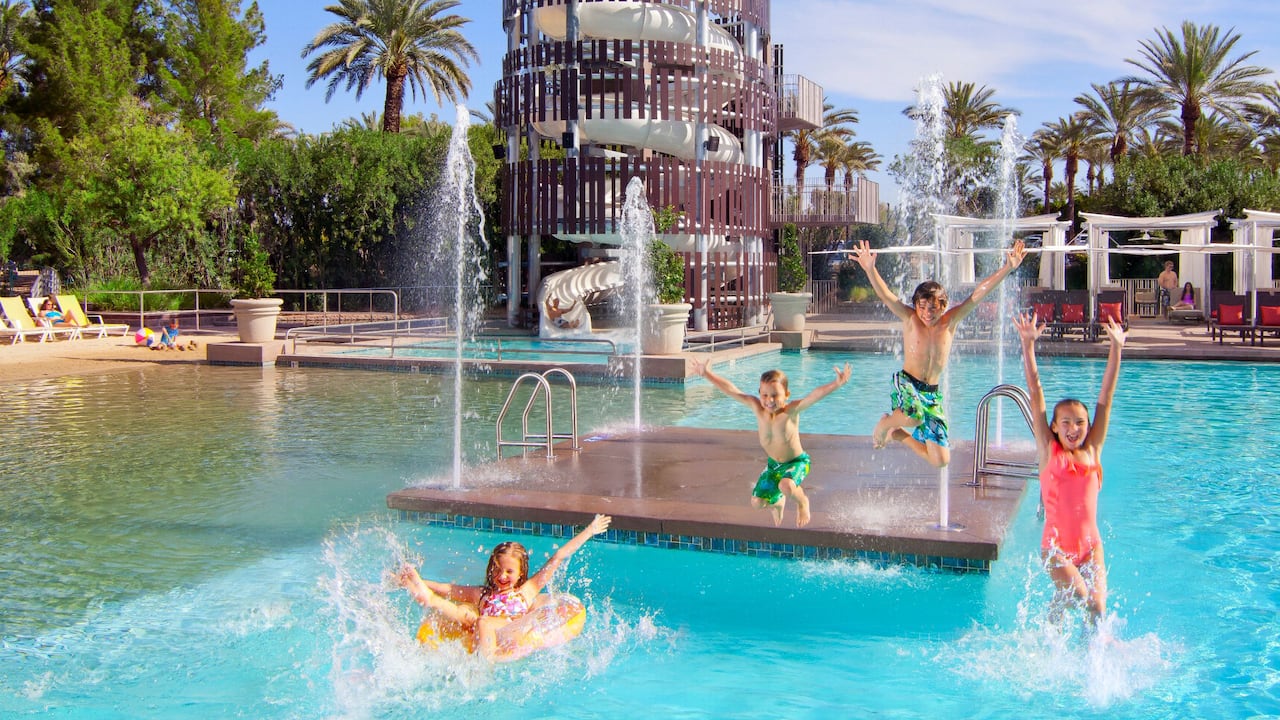 Water playground with kids playing