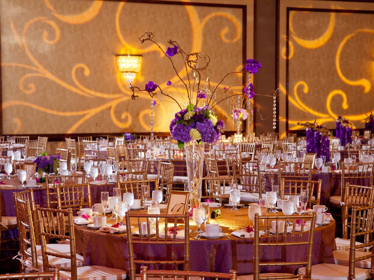 Regency Ballroom wedding reception set-up with banquet tables
