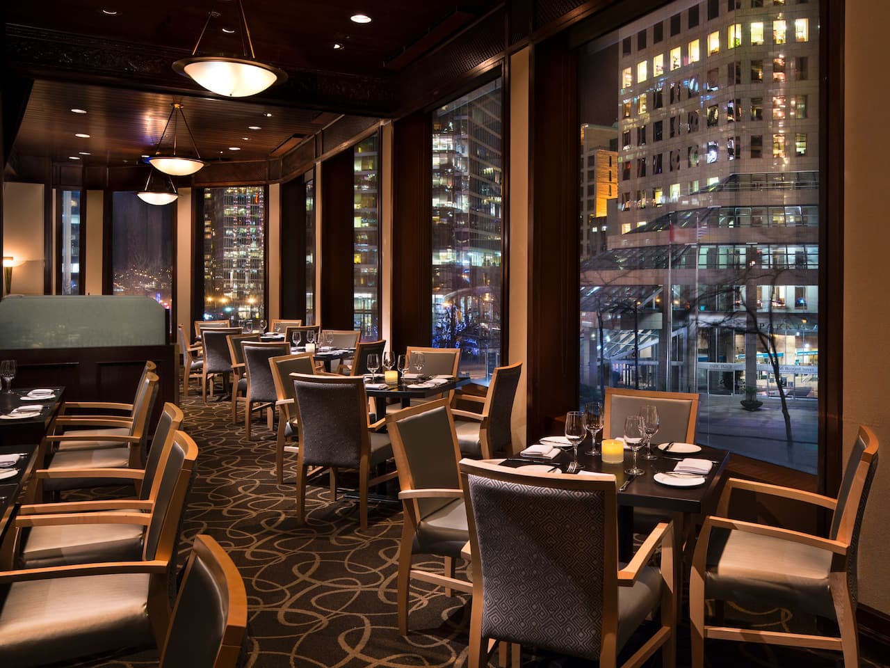 Hotel restaurant with a view of downtown Vancouver