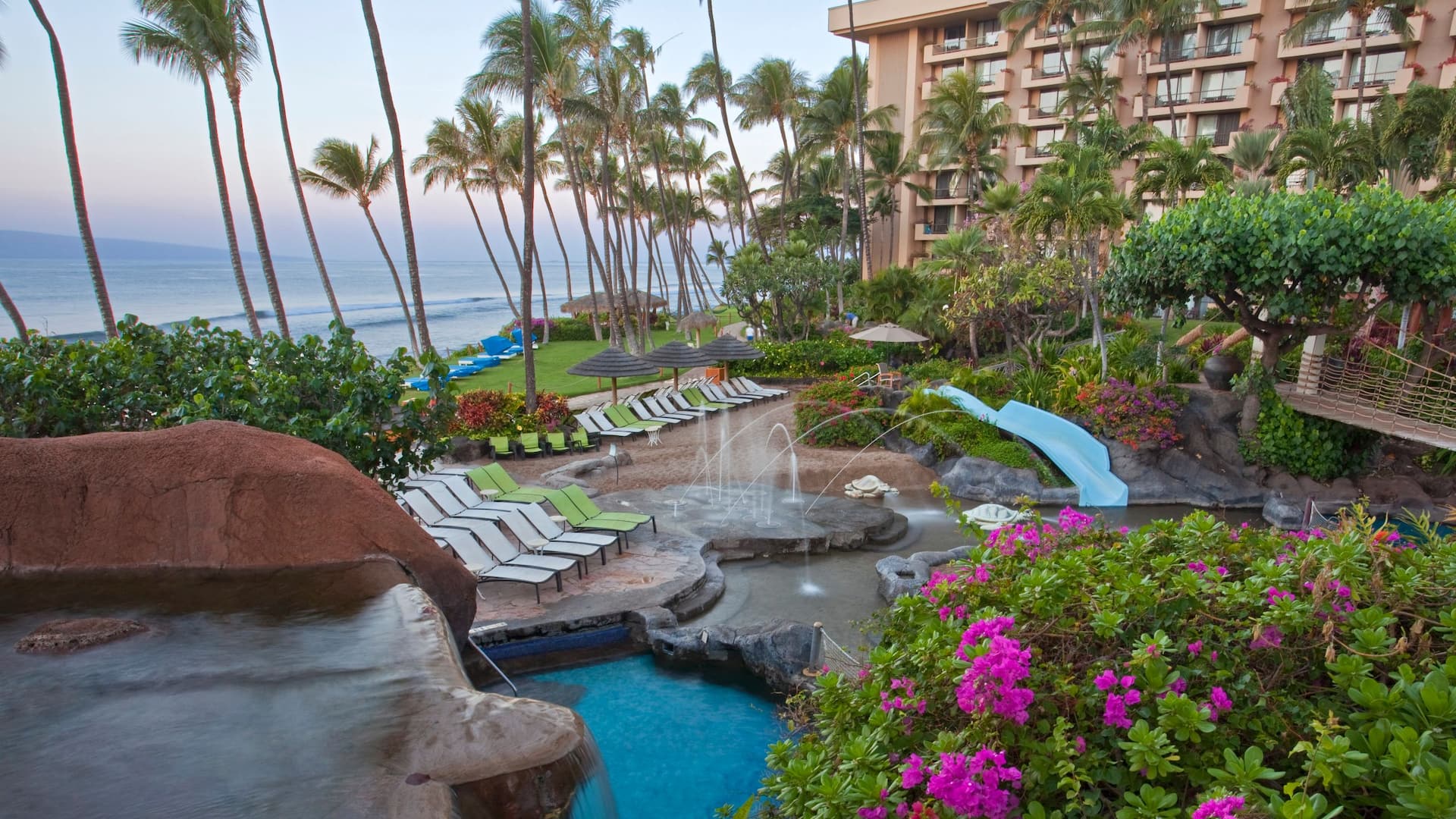 Lagoon surrounded by lush tropical plants at Hyatt Regency Maui Resort and Spa
