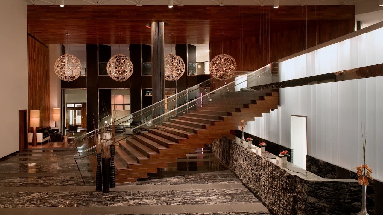Front Desk and grand staircase in lobby