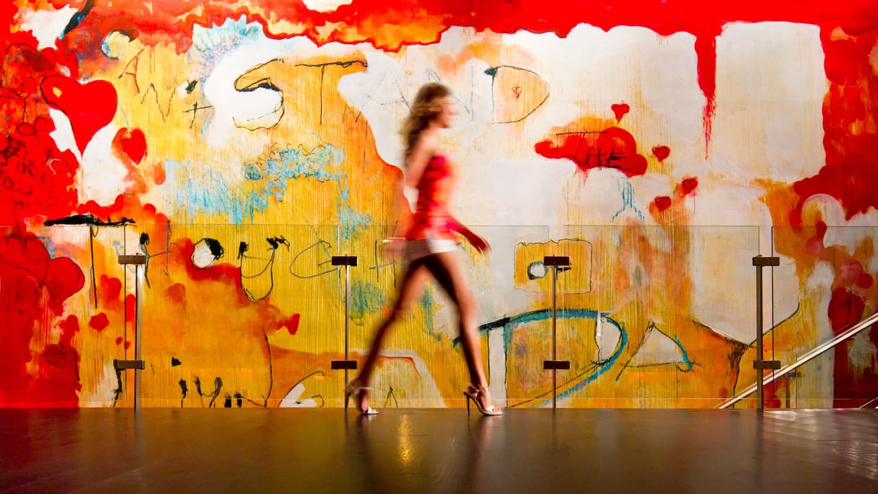 Lobby with a large mural 