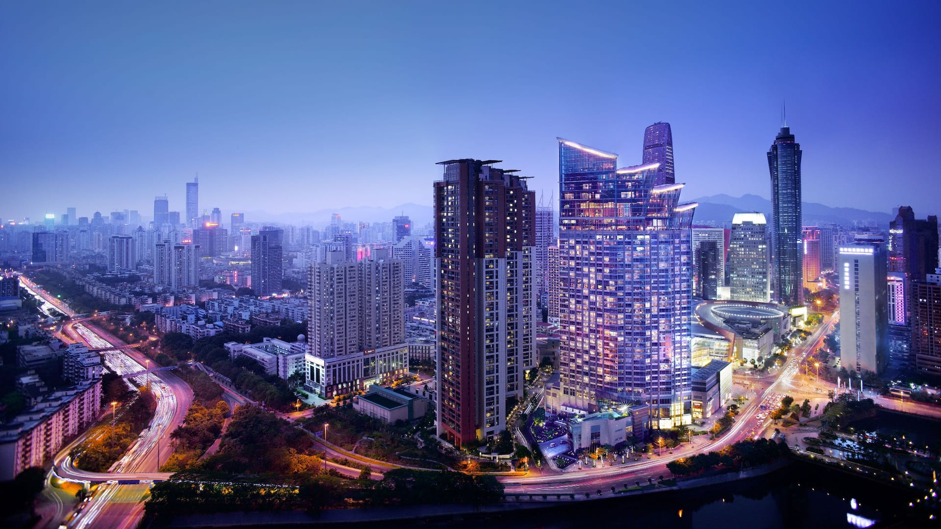 Grand Hyatt Shenzhen Hotel Aerial View at Night