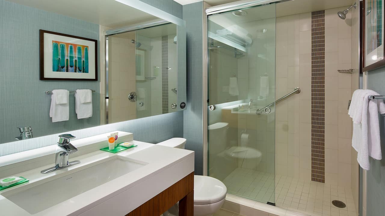 Guestroom bathroom with vanity and walk-in shower 