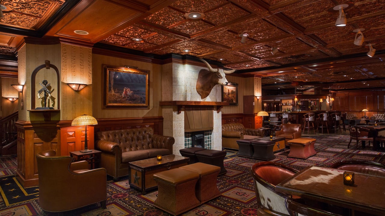 The Driskill Bar lounge areas with leather and cowhide furniture