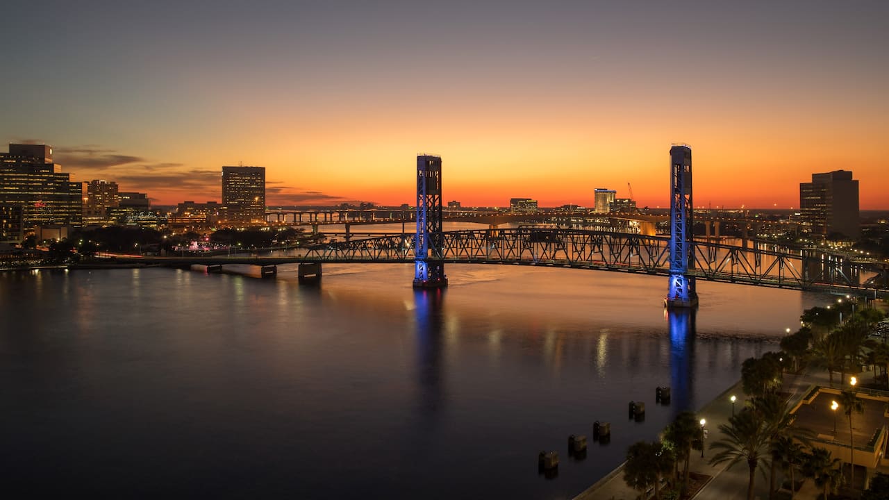 Main Street Bridge at sunset near hotel