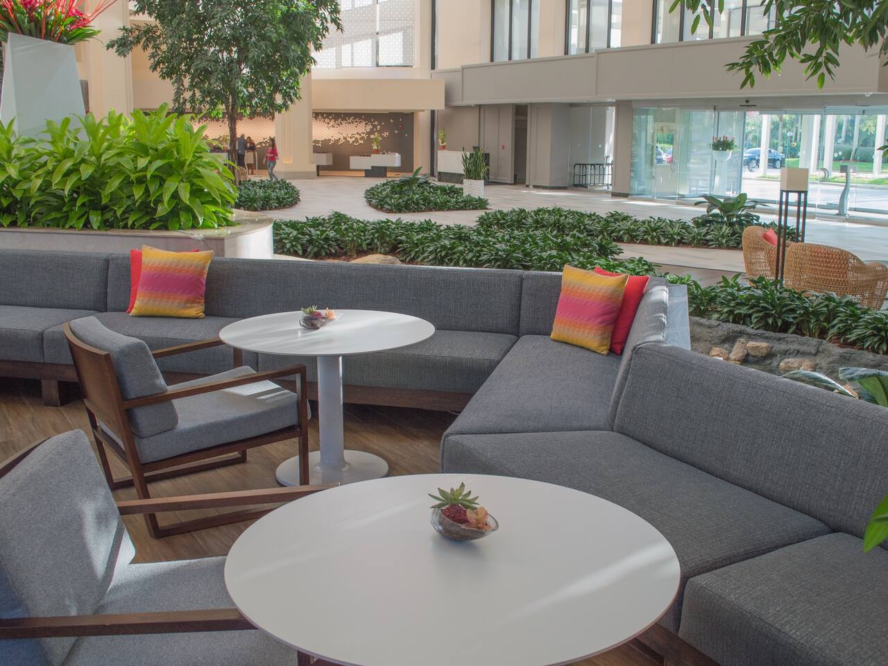 Lobby seating area with couches and large plants
