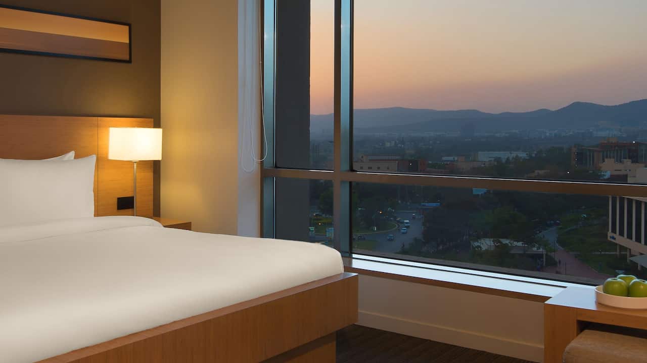 king bedroom with mountain view