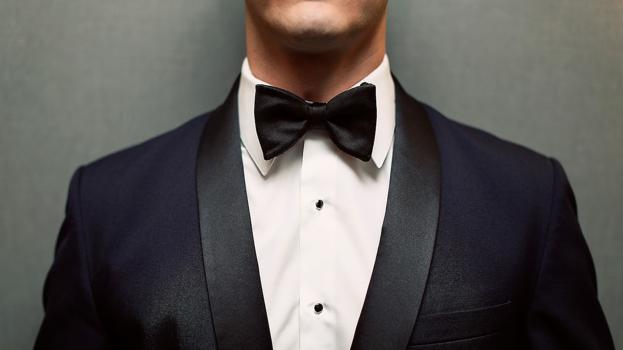groom wearing suit and bow tie