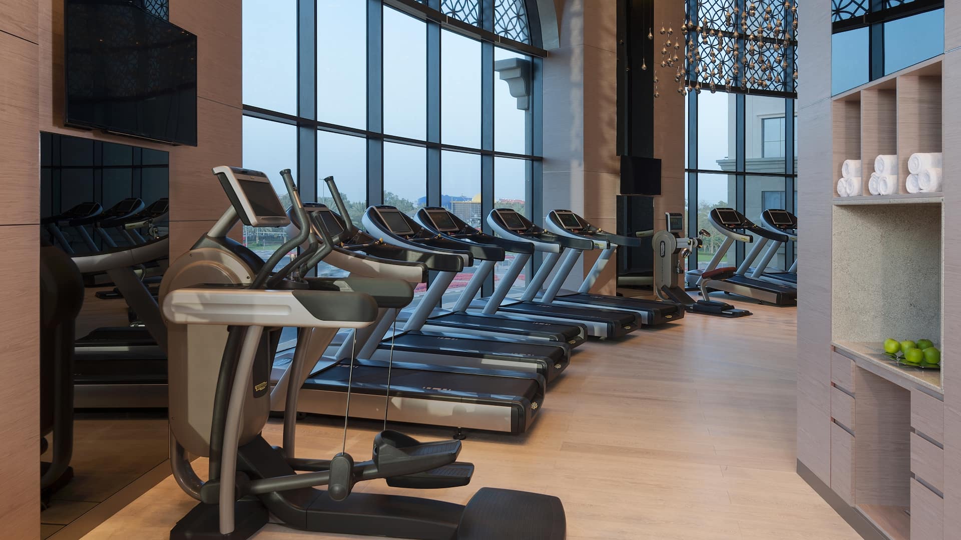 Treadmills at Hyatt Regency Dubai Creek Heights fitness centre.