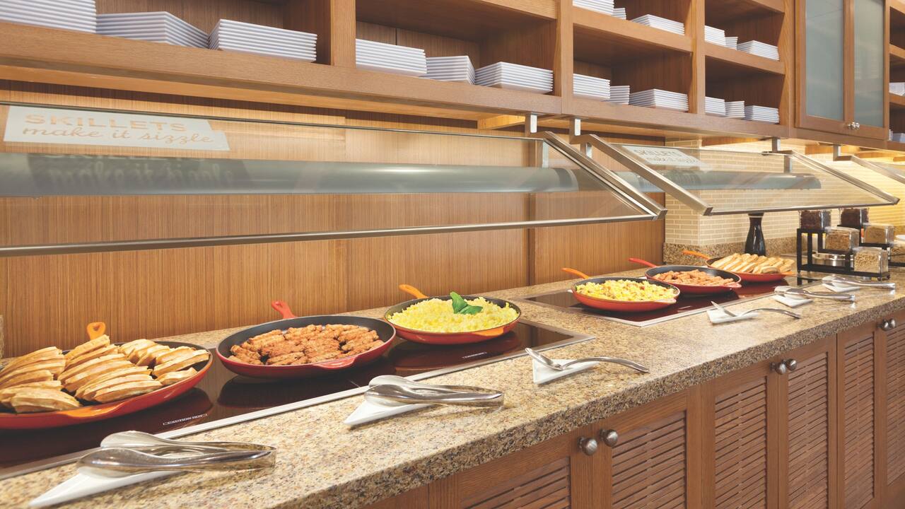 Breakfast Bar with hot items in skillets 