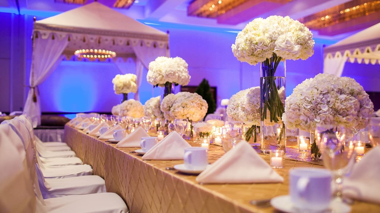 A beautifully decorated wedding reception table in Carlsbad