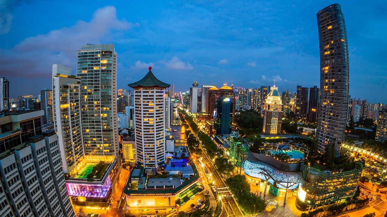 Orchard Road Singapore, the city's shopping district, alongside luxury hotels (Grand Hyatt)