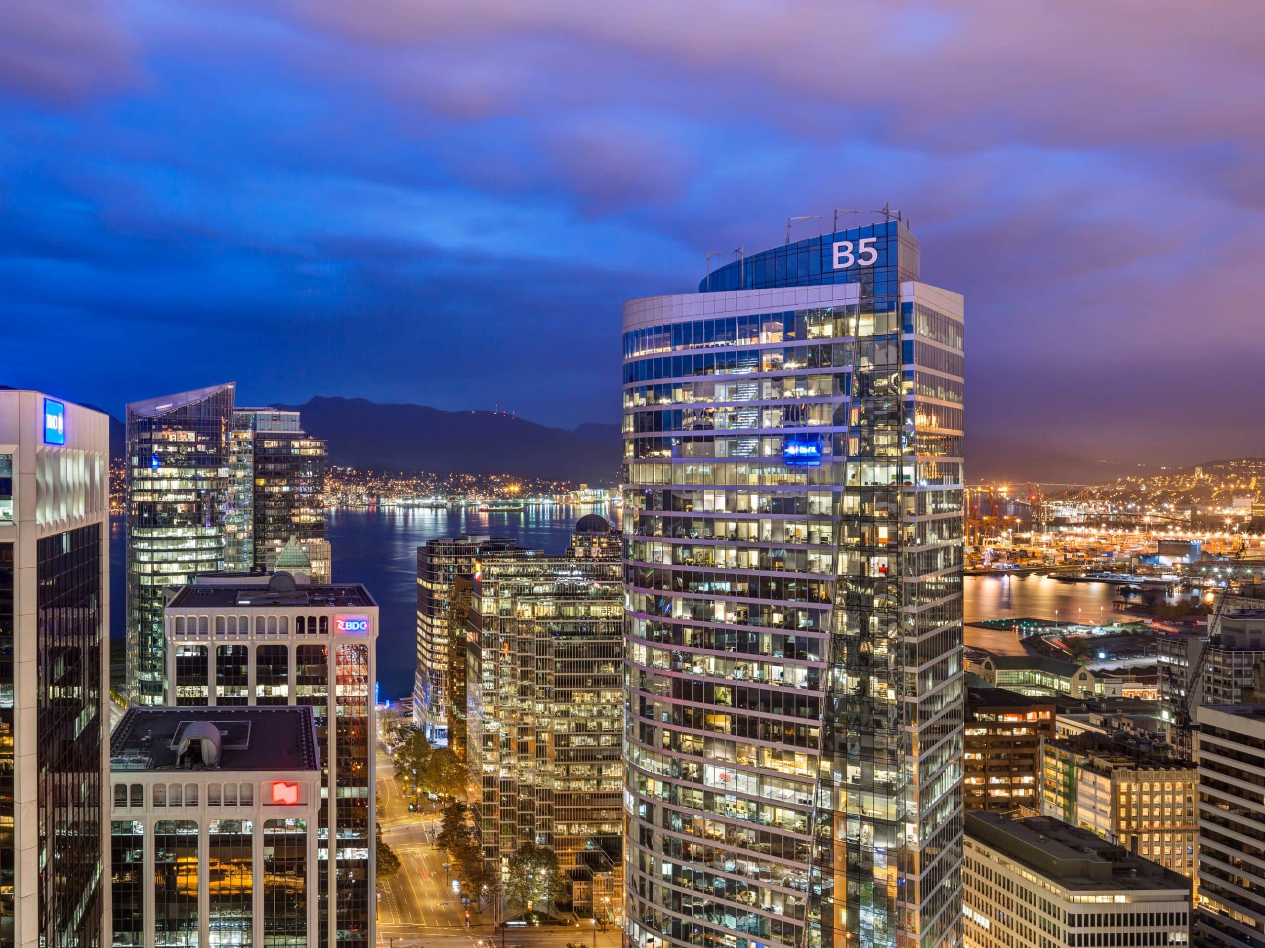 View of the downtown Vancouver skyline at night