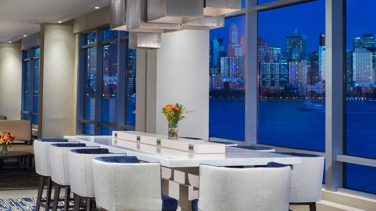 Guest lounge overlooking the Hudson River at Exchange Place, Jersey City