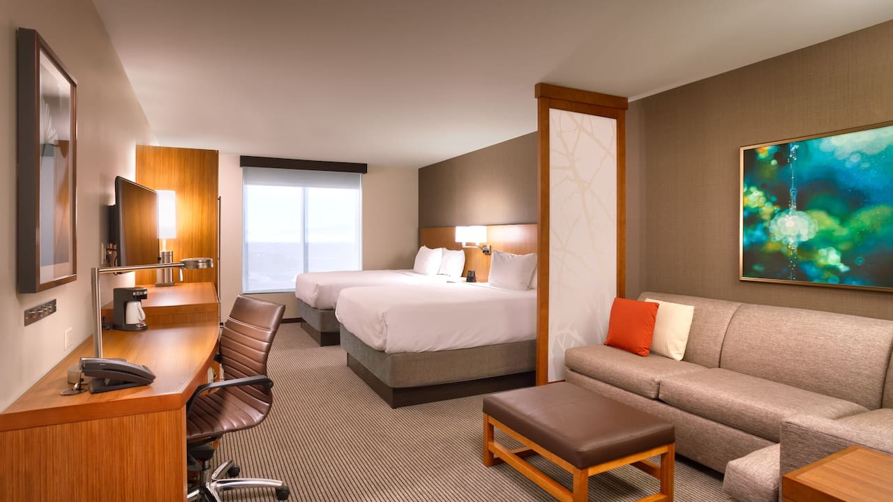 Hotel room in Lehi, Utah with two queen beds