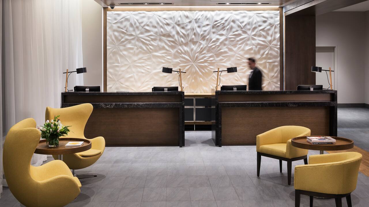Front desk reception and seating area