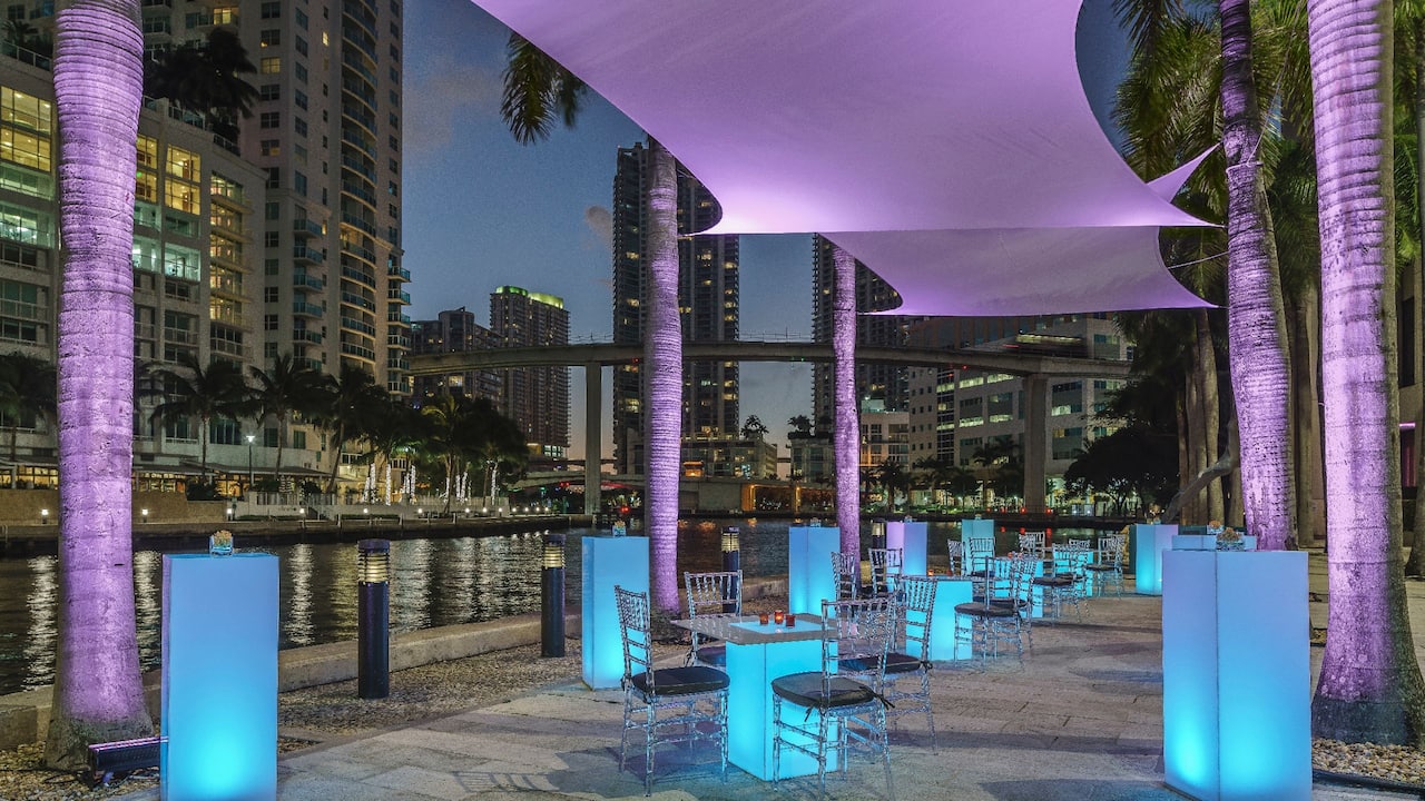 A riverwalk terrace in downtown Miami