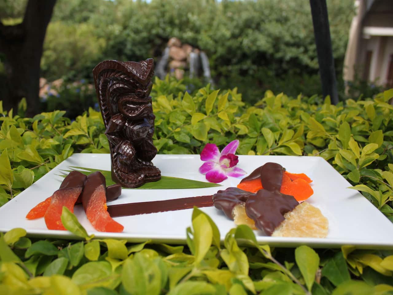 Small tiki statue and chocolate covered fruit on a plate 
