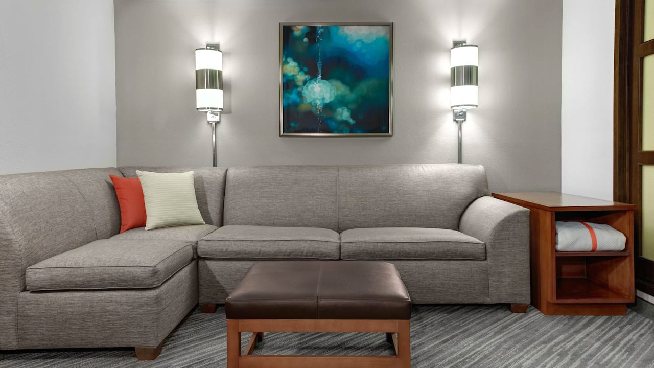 The living room area of this guestroom features a sleeper sofa, leather ottoman, and a side table.