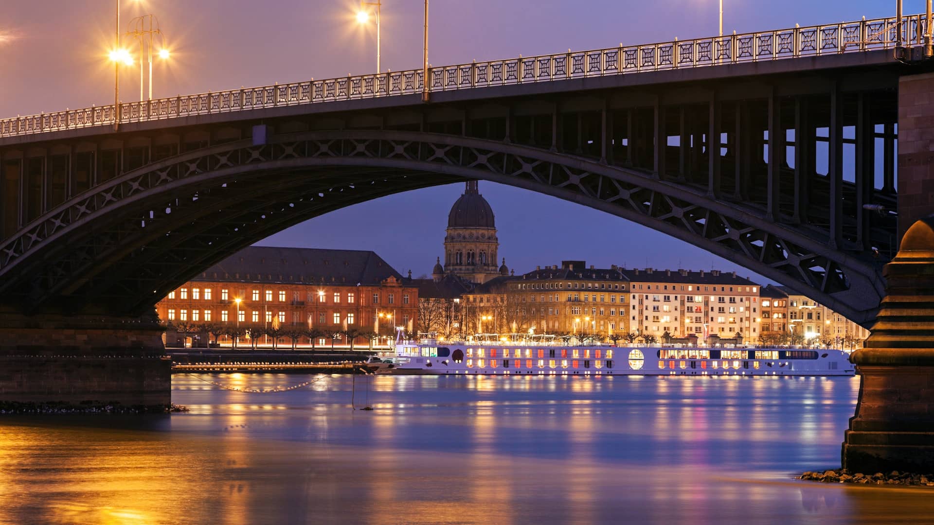 Mainz Skyline with castle and dome of the Christ Church at night with Theodor Heuss bridge in front near Hyatt Regency Mainz