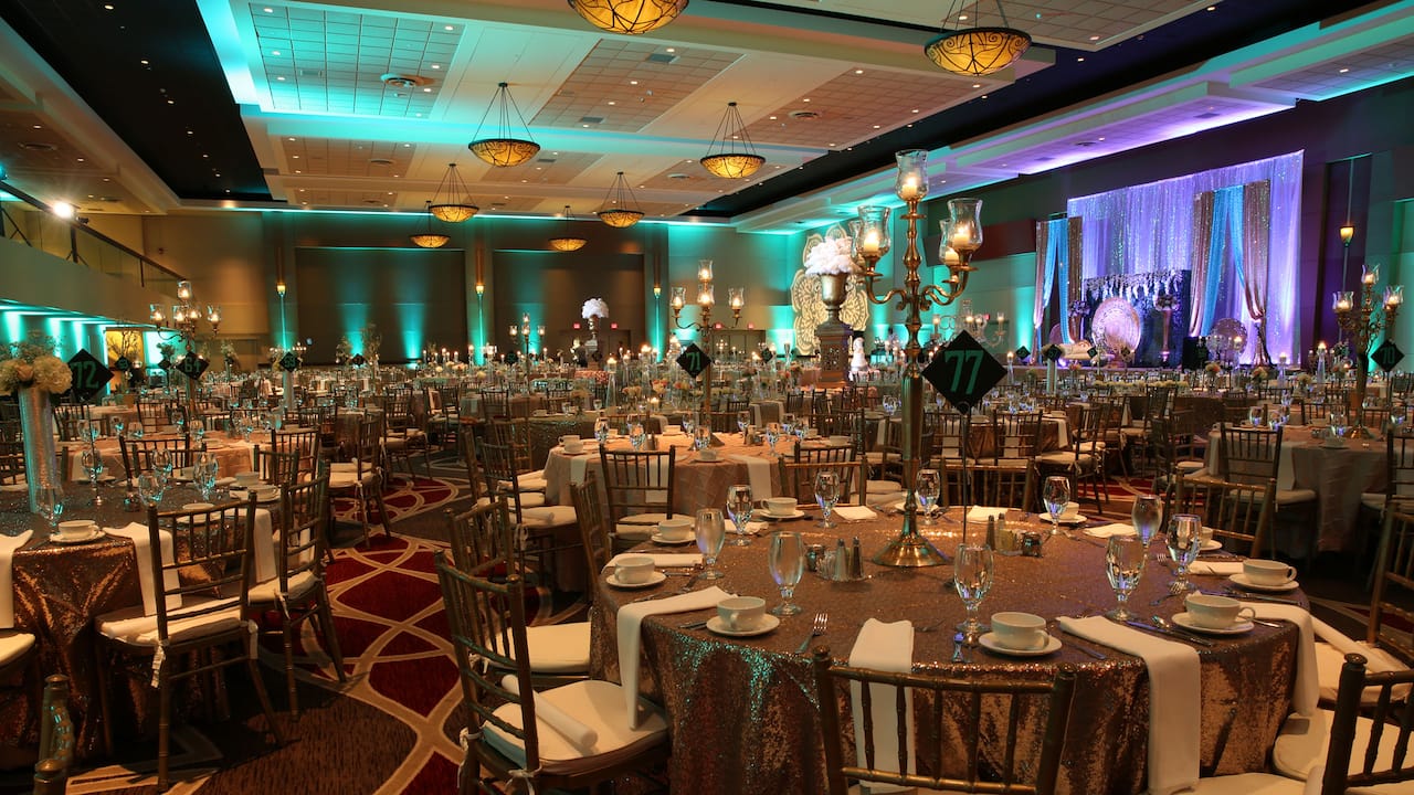 Regency Ballroom wedding reception with stage 