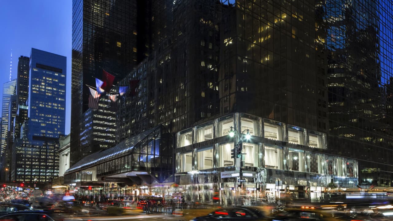 Exterior at night of Hyatt Grand Central New York