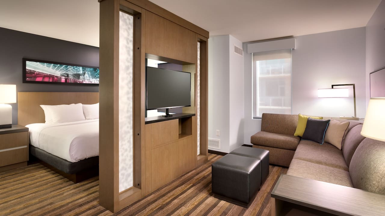 Hyatt House Portland Downtown Studio King Suite Living Room with Pull out Sofa Sleeper Portland Oregon