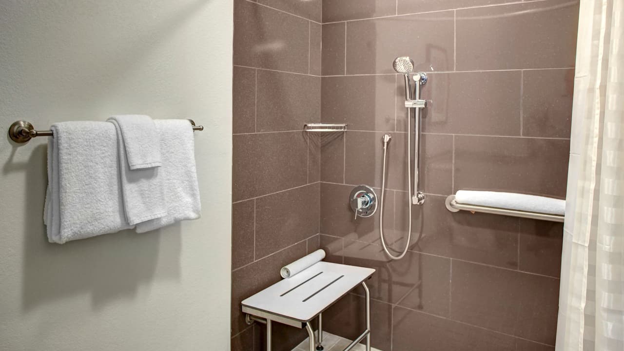 ADA accessible bathroom with roll-in shower with seat and grab rails.