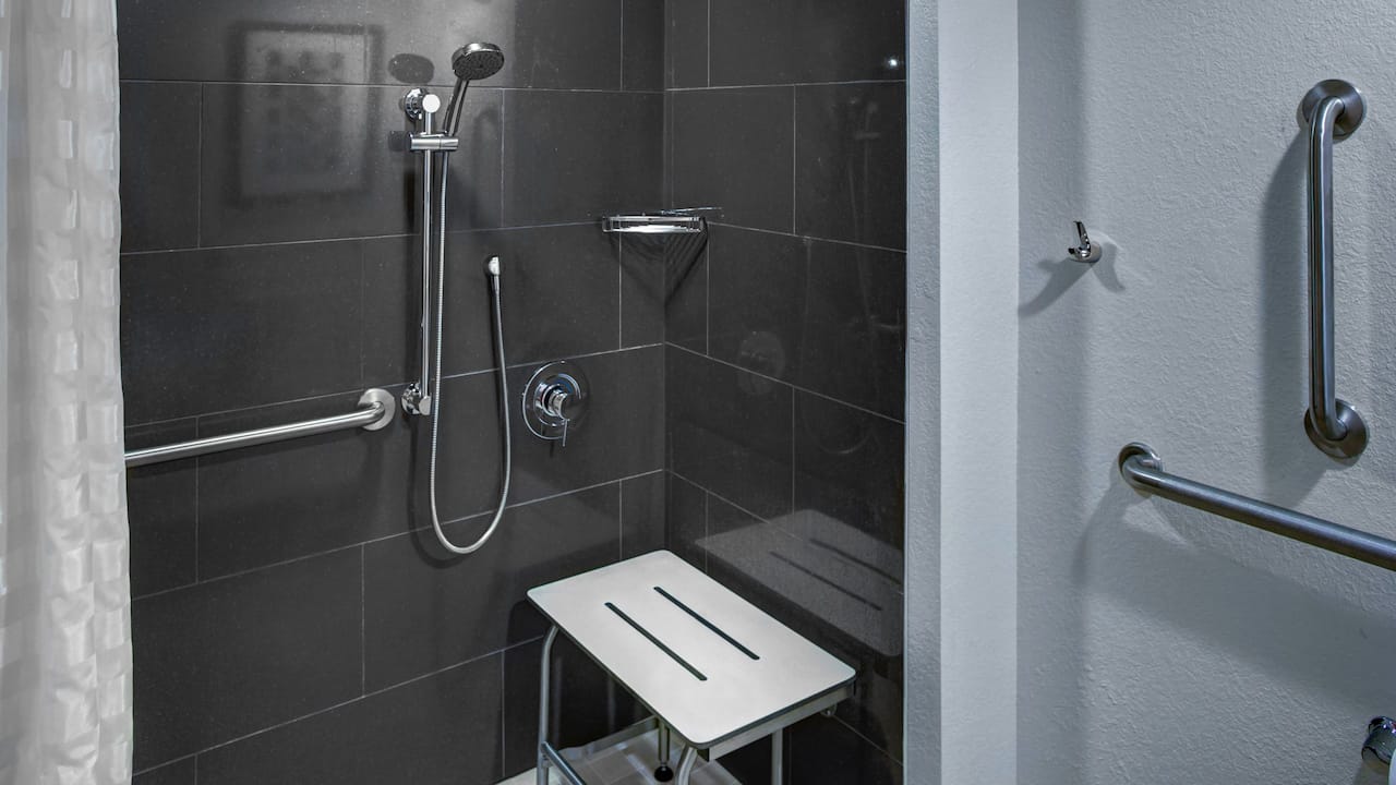 Accessible bathroom roll-in shower with seat and grab rails