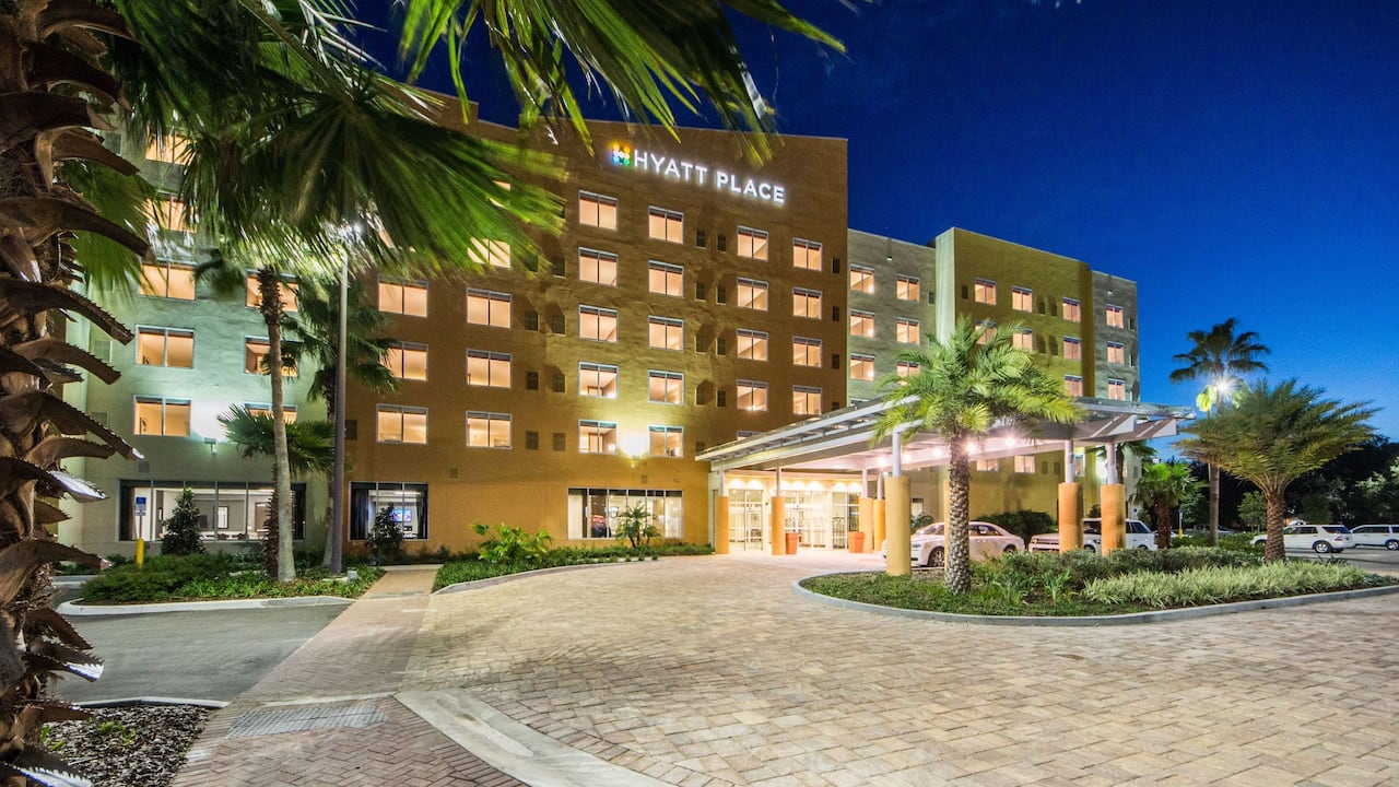 Exterior view of hotel at night 
