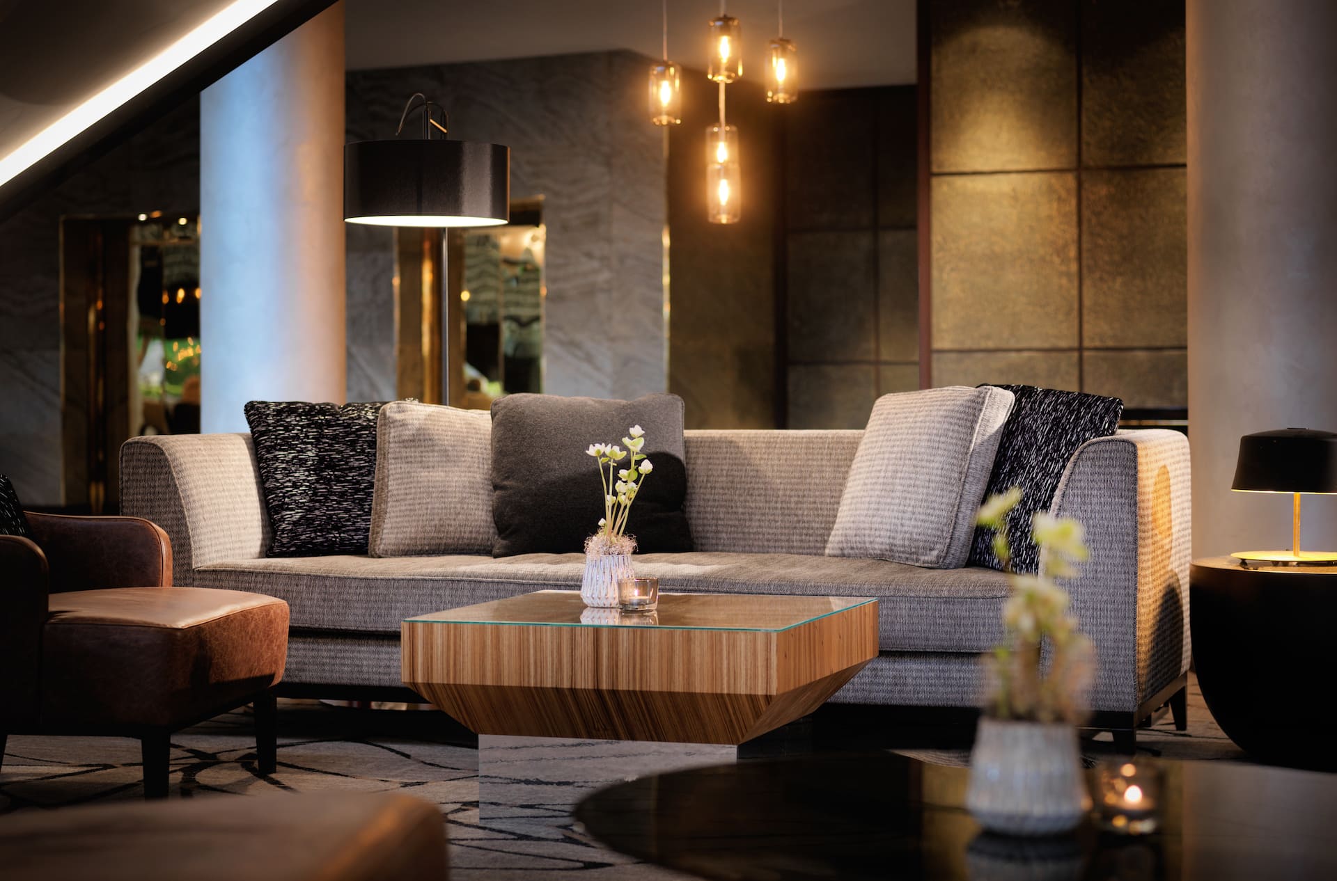 Couch in modern hotel lobby of Hyatt Regency Cologne