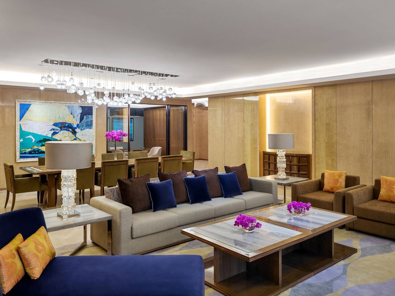 Living and dining areas in hotel suite