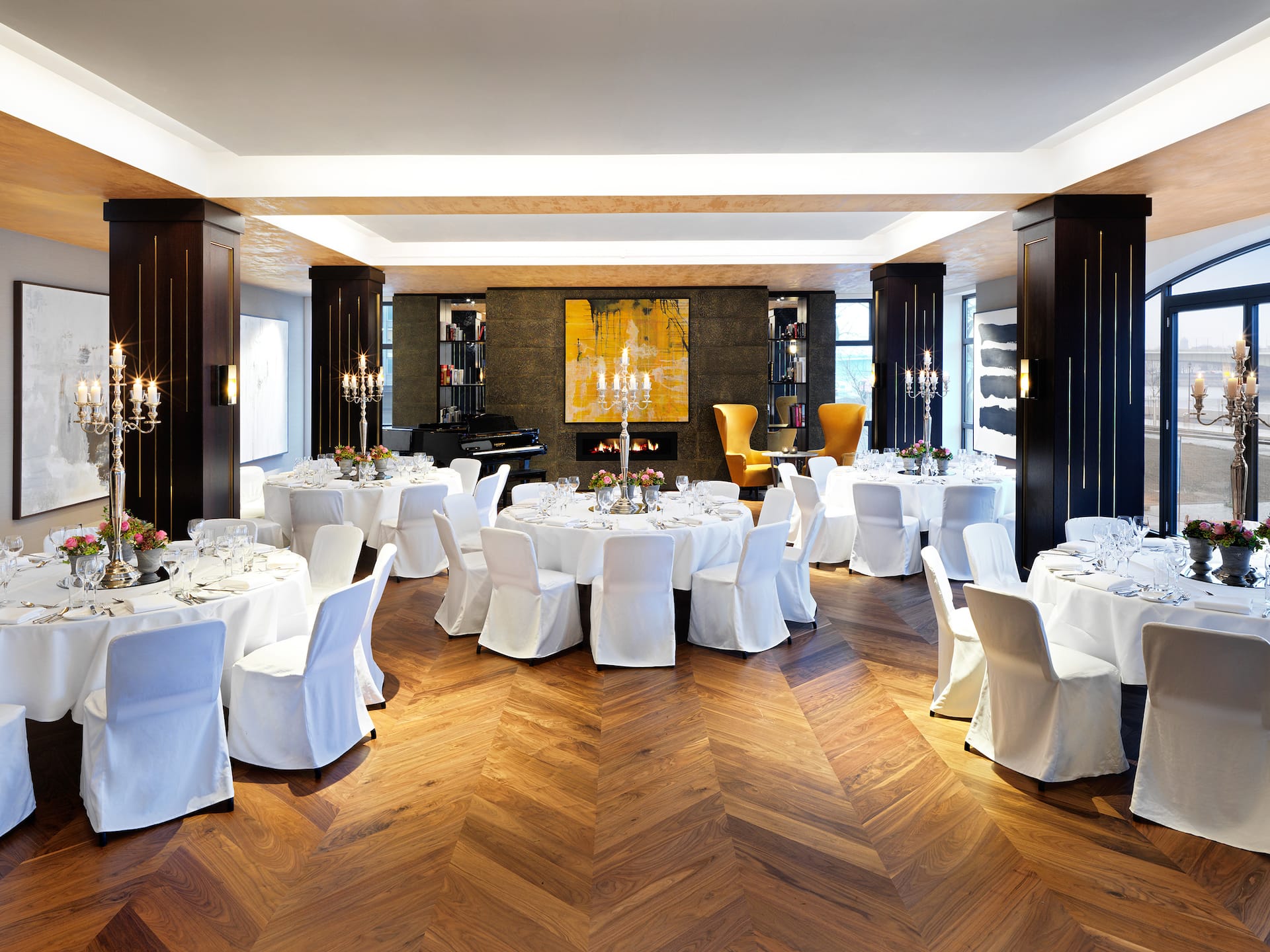 Riverside Event Space with banquet seating and wedding decoration