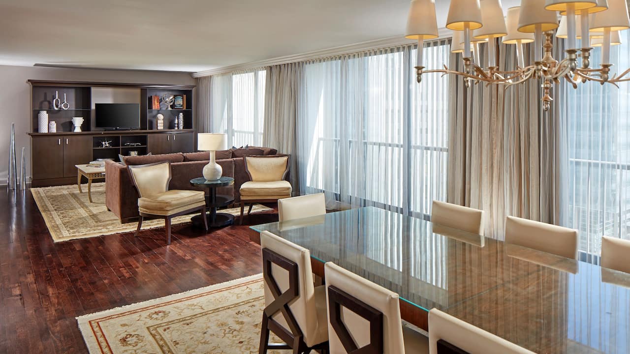 Luxury Regents Suite with spacious living room and dining area at Hyatt Regency Tulsa Downtown