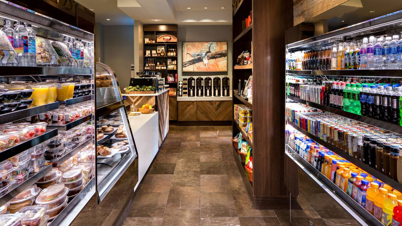 MKT. Place grab-and-go displays and coffee station 