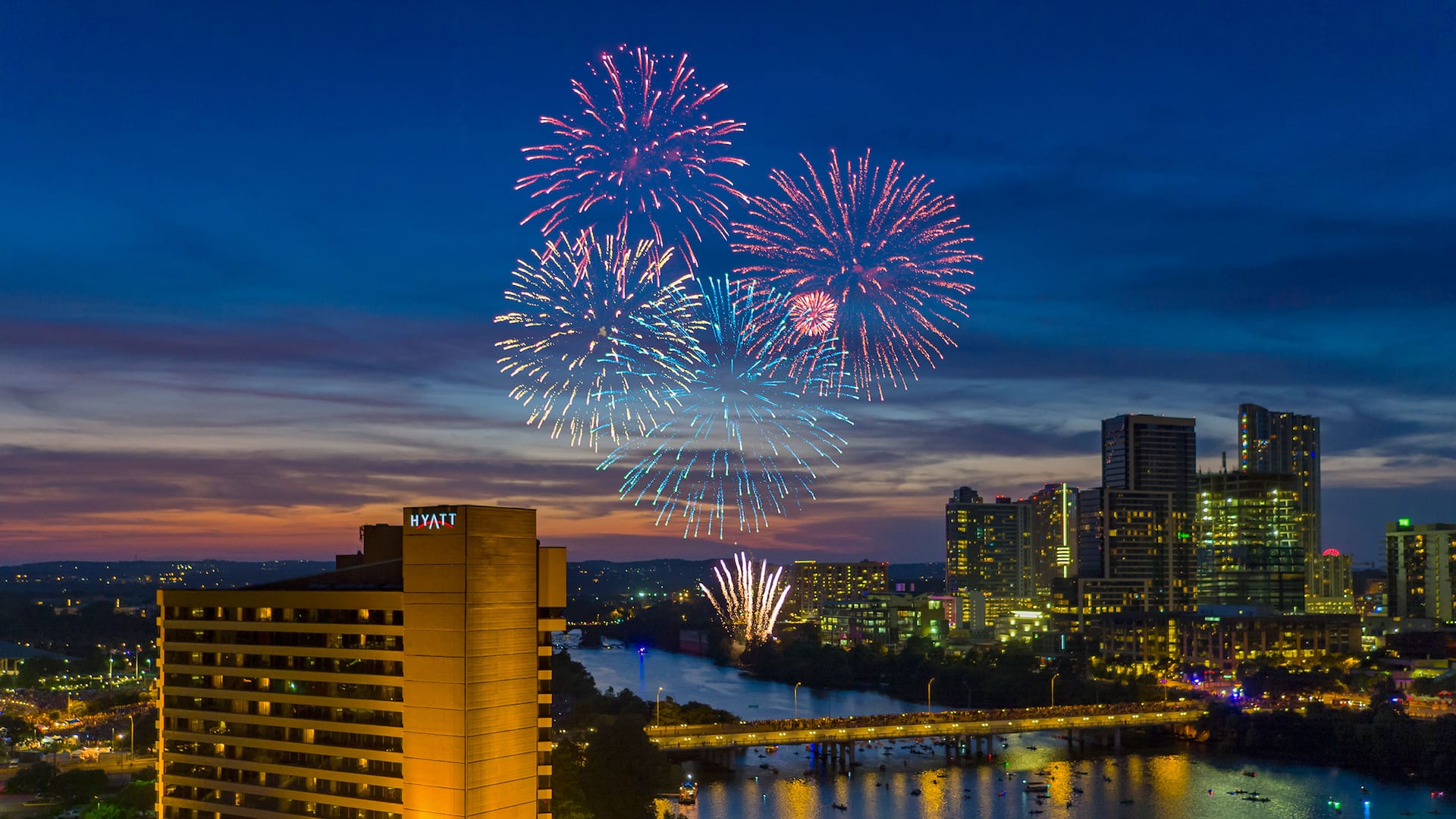 July 4th celebration in downtown Austin with fireworks