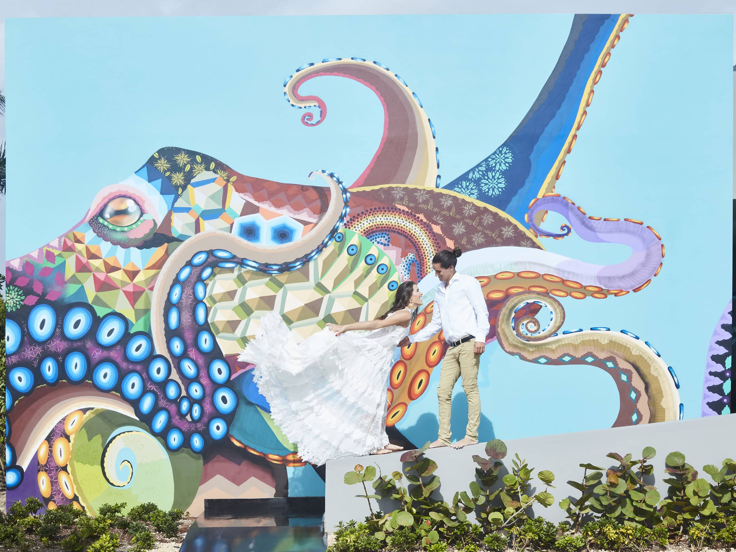 Andaz Mayakoba Resort Riviera Maya Octopus Mural Bride And Groom