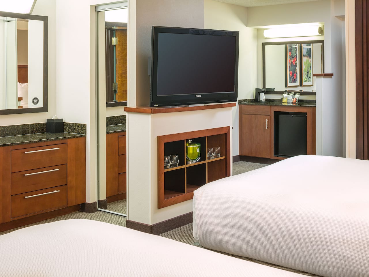 Spacious hotel room with minifridge and cable TV at Hyatt Place Austin / Arboretum