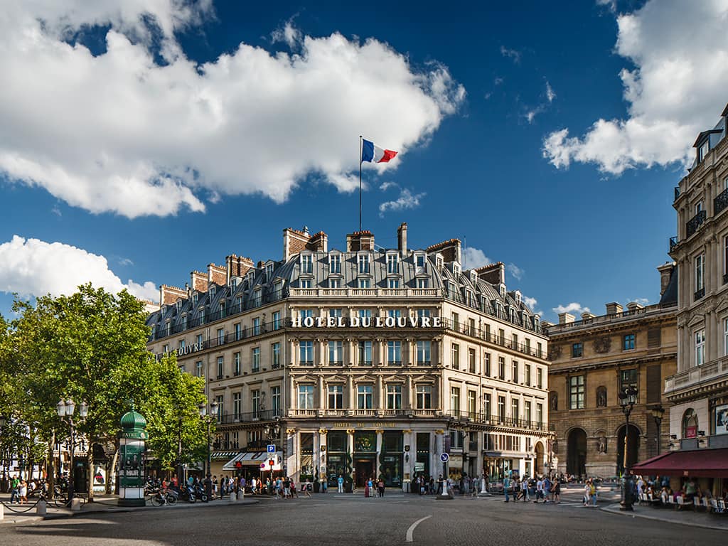 Facade of emblematic hotel - Hôtel du Louvre part of the Unbound Collection by Hyatt