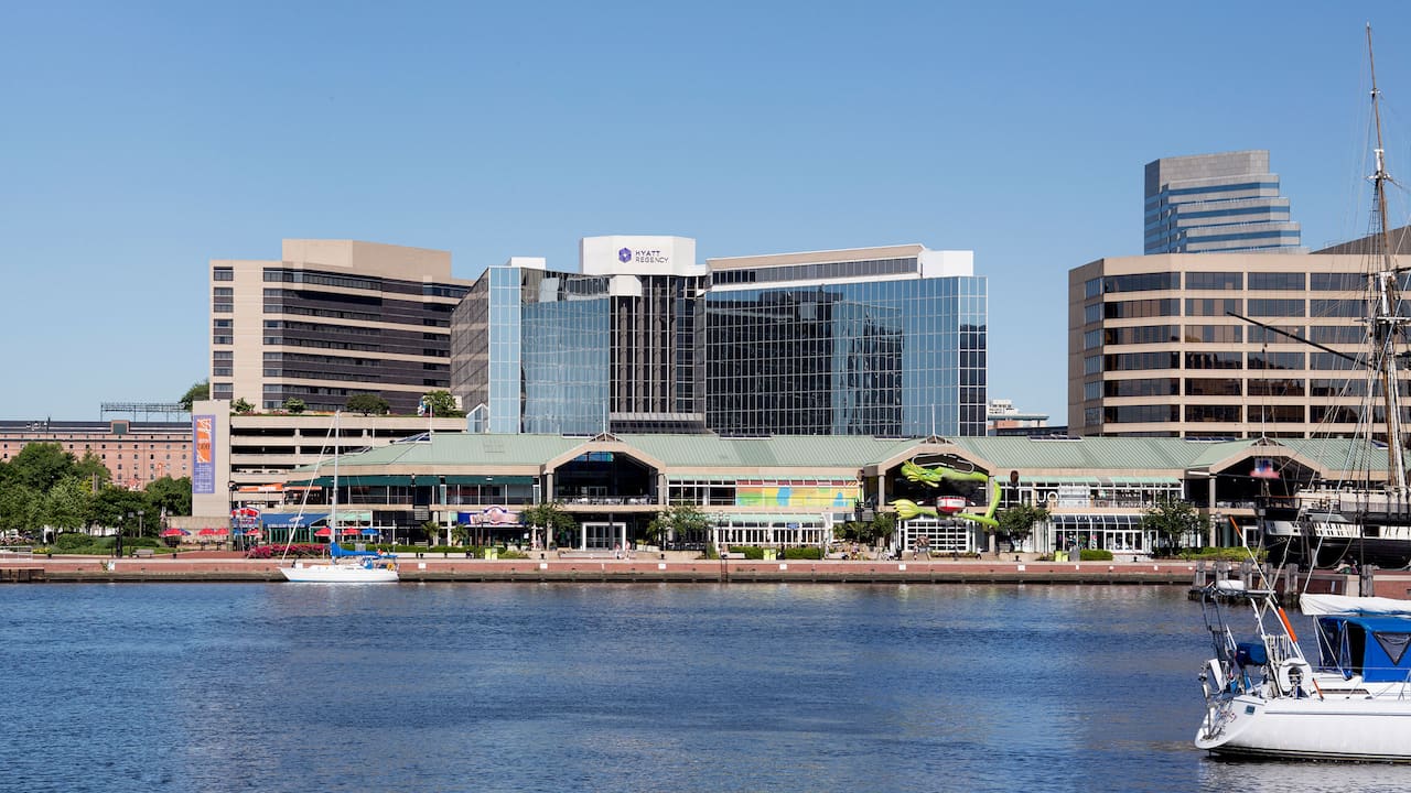 Exterior view of hotel from the water at Hyatt Regency Baltimore Inner Harbor