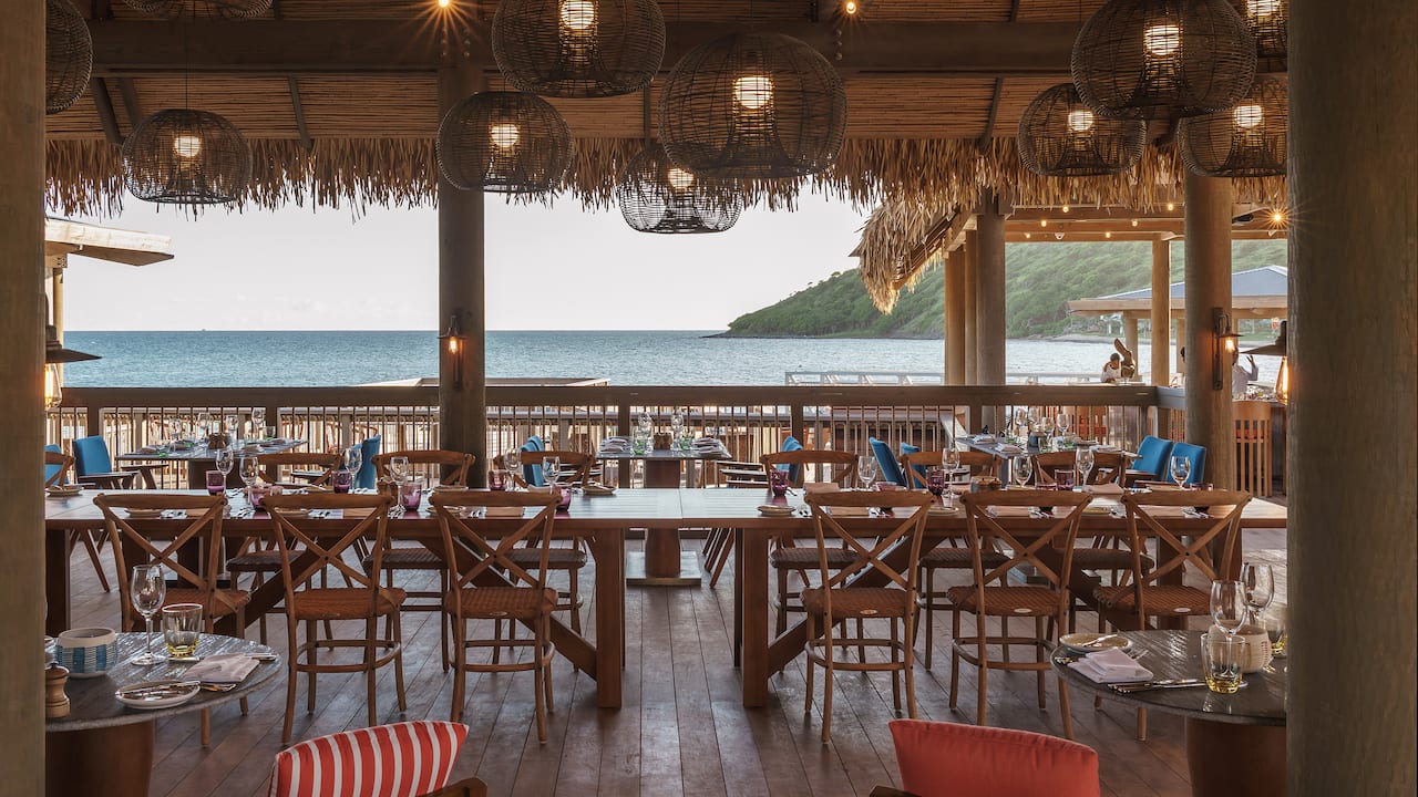 Fisherman’s Village dining area and patio with ocean views 