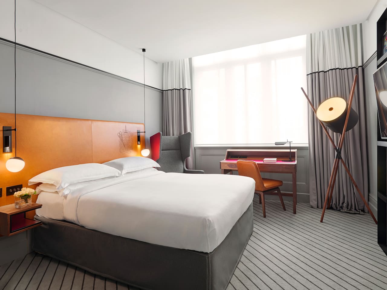 Standard room with Queen bed desk and design standing lamp Andaz London Liverpool Street
