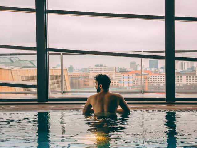 City view from Club Olympus Spa & Fitness pool at Grand Hyatt Berlin   
