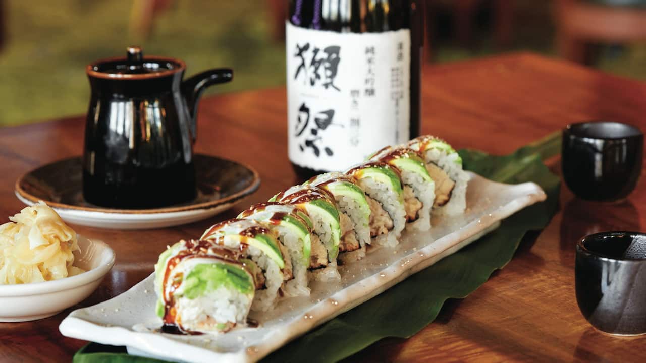 Sushi roll served at Stevenson’s Library restaurant at Grand Hyatt Kauai Resort and Spa