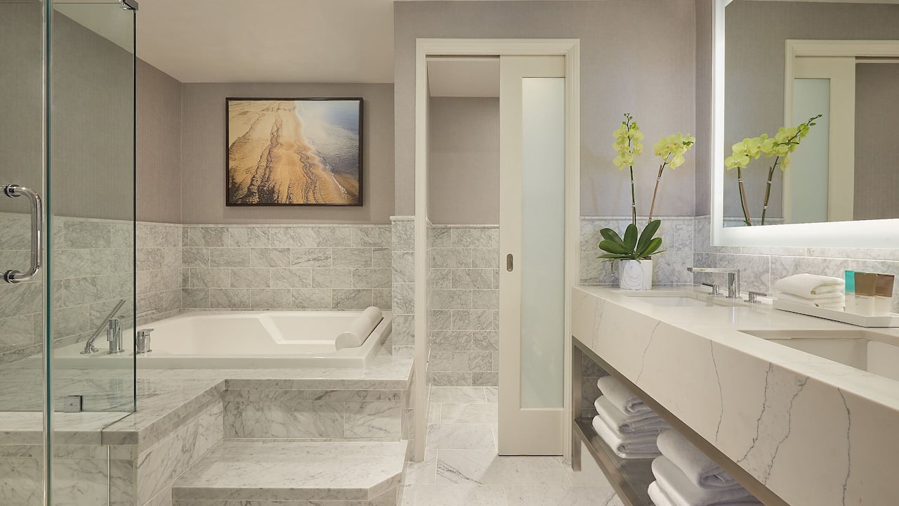 Suite Bathroom with double vanity, bath tub, and walk-in shower