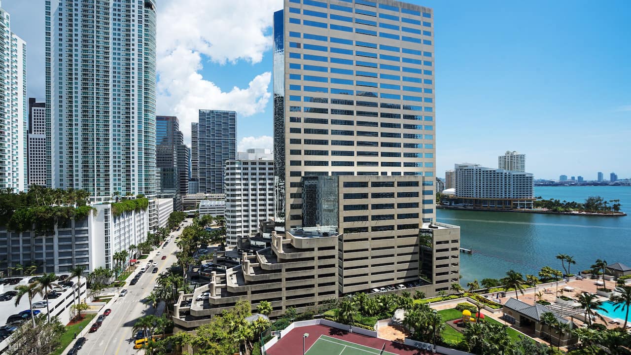 Exterior of a Brickell, Miami hotel and the surrounding area