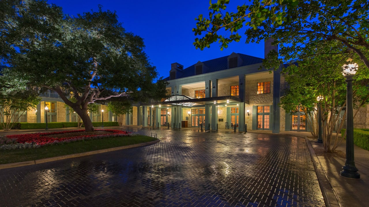 Entrance of hotel at night