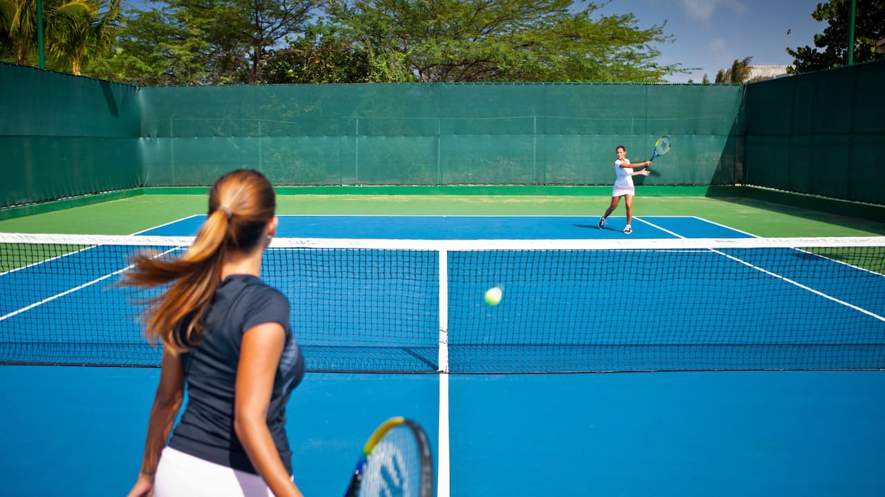 Tennis courts with two guests playing